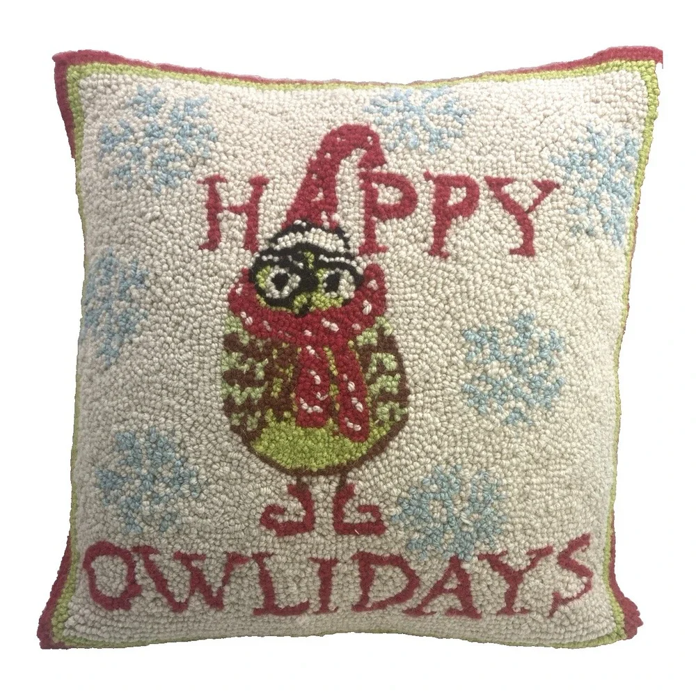 Happy Owlidays Hooked Christmas Owl Snowflake Holiday Throw Pillow 16 in